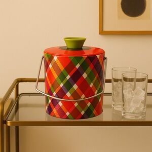 60-70’s Vintage Mod Retro Plaid Vinyl Ice Bucket MCM #10012510